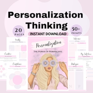 Peut inclure: Un journal imprimable rose et blanc intitulé "Personalization Thinking: The Power of Perspective". Le journal comprend des invites pour l'auto-soin, la gratitude, la créativité, la confiance en soi et les affirmations d'amour-propre. Il s'agit d'un téléchargement instantané et comprend 20 pages et plus de 50 invites.