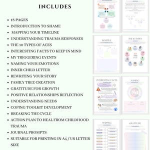 May include: A digital download with 18 pages, including guides on trauma responses, emotions, and self-reflection. The pages feature diagrams and prompts for journaling, suitable for A4/US Letter size printing. The title "INCLUDES" is at the top.