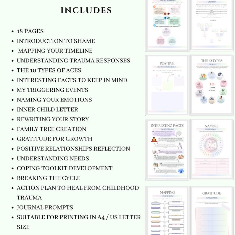 May include: A digital download with 18 pages, including guides on trauma responses, emotions, and self-reflection. The pages feature diagrams and prompts for journaling, suitable for A4/US Letter size printing. The title "INCLUDES" is at the top.