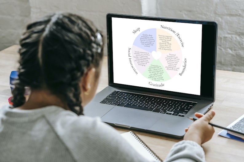 May include: A young person is looking at a laptop screen displaying a wheel chart with the words "Sleep", "Social Interaction", "Gratitude", "Boundaries", "Nutrition/Exercise" and "Sleep".