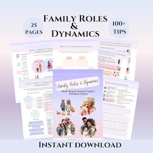 以下が含まれることがあります： 「Family Roles & Dynamics」というタイトルのデジタルダウンロード。25ページと100以上のヒントが含まれています。表紙には家族と子供たちのイラストが描かれています。「How Roles Shape Family Interactions」と「Instant Download」というテキストが含まれています。