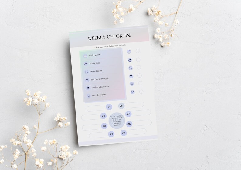 May include: A weekly check-in sheet with a gradient background and the text "WEEKLY CHECK-IN:". It includes sections to rate feelings with emoticons and prompts for reflection. The sheet is surrounded by white flowers.