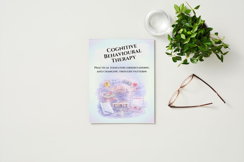 May include: A book titled "Cognitive Behavioural Therapy" with the subtitle "Practical Tools for Understanding and Changing Thought Patterns." The book is on a white surface, with glasses, a plant, and a glass of water.