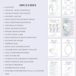 May include: A printable workbook with a blue and white color scheme. The workbook includes 20 pages of activities and exercises focused on body positivity. The text on the cover reads "INCLUDES" and lists the contents of the workbook.