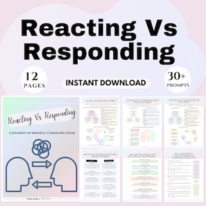 Può includere: Una guida stampabile intitolata "Reacting Vs Responding: A Journey in Mindful Communication" con 12 pagine e oltre 30 prompt. La guida presenta illustrazioni di due teste con frecce tra loro, che rappresentano la comunicazione. La guida è progettata per aiutare le persone a comprendere la differenza tra reagire e rispondere nella comunicazione.
