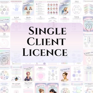 May include: A collage of colorful images with the text "SINGLE CLIENT LICENCE" in black text on a white background. The images are of various topics related to mental health and well-being.