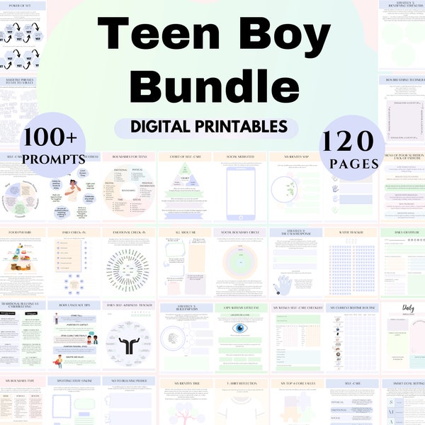 Teen boy Bundle Coping skills Teen gift digital journals kids worksheet bundle counselor therapist social worker psychologist cbt Bullying