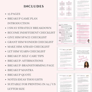 May include: A pink and white printable guide with the title "Includes" and a list of 15 pages of content, including a breakup game plan, a self-care tips checklist, and affirmations. The guide is suitable for printing on A4 or US letter size paper.
