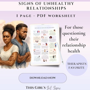 Puede incluir: Hoja de trabajo PDF digital titulada "Signos de relaciones poco saludables". La imagen presenta una ilustración en acuarela de una pareja con expresiones serias, junto a una tableta que muestra el contenido de la hoja de trabajo. El texto incluye "Para aquellos que cuestionan la salud de su relación."