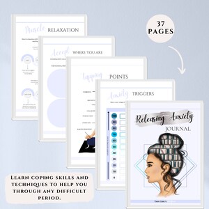 K&ouml;nnte beinhalten: Ein digitales Journal mit einem blauen und wei&szlig;en Cover, das eine Frau mit einem Stapel B&uuml;cher auf dem Kopf zeigt. Das Journal tr&auml;gt den Titel "Releasing Anxiety Journal" und umfasst 37 Seiten. Das Journal enth&auml;lt &Uuml;bungen und Aktivit&auml;ten, die bei der Bew&auml;ltigung von Angstzust&auml;nden helfen.