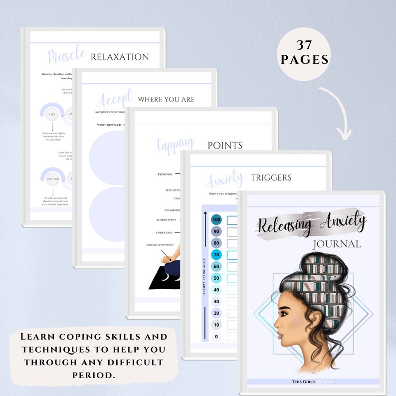 K&ouml;nnte beinhalten: Ein digitales Journal mit einem blauen und wei&szlig;en Cover, das eine Frau mit einem Stapel B&uuml;cher auf dem Kopf zeigt. Das Journal tr&auml;gt den Titel "Releasing Anxiety Journal" und umfasst 37 Seiten. Das Journal enth&auml;lt &Uuml;bungen und Aktivit&auml;ten, die bei der Bew&auml;ltigung von Angstzust&auml;nden helfen.