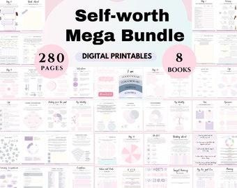 Peut inclure: Un lot de printables numériques pour l'estime de soi avec 280 pages et 8 livres. L'image montre un collage de pages avec des fonds roses et blancs, comprenant du texte et des illustrations. Le texte comprend des phrases comme "Self-worth Mega Bundle", "280 Pages", "8 Books", "Je suis assez bien", "Je suis digne", et "Je suis précieuse".