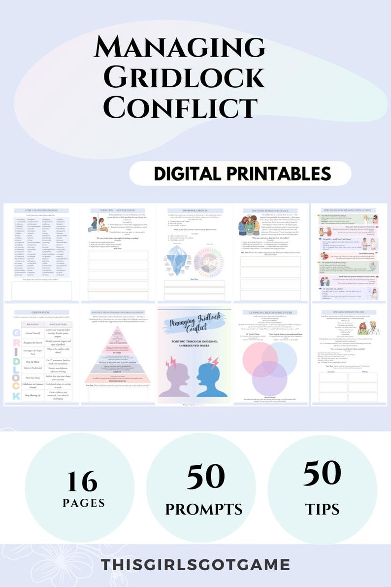 Gridlock Conflict Resolution Therapy worksheets Couples Communication Tool Psychoeducation printables relationship repair communication CBT