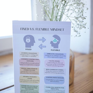Pu&ograve; includere: Un grafico che confronta le mentalit&agrave; fissa e flessibile. Il grafico elenca le caratteristiche di ogni mentalit&agrave;, come evitare le sfide vs. abbracciare le sfide, ignorare le critiche costruttive vs. valorizzare lo sforzo, sentirsi minacciati dal successo degli altri vs. essere ispirati dagli altri, attenersi ai percorsi noti vs. imparare dalla critica, e attribuire il successo al talento innato piuttosto che allo sforzo vs. celebrare la crescita sulla perfezione.