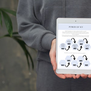 May include: A tablet screen displaying a motivational poster with the text "POWER OF YET" and a diagram with arrows and the word "YET" repeated multiple times.