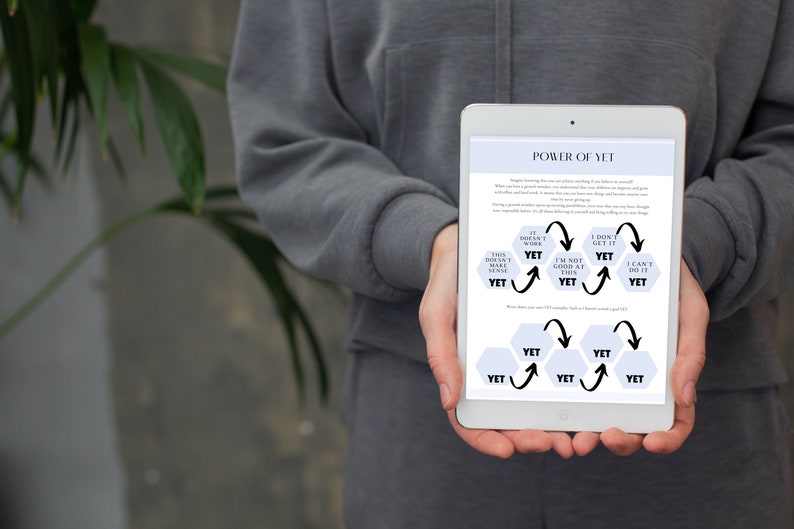 May include: A tablet screen displaying a motivational poster with the text "POWER OF YET" and a diagram with arrows and the word "YET" repeated multiple times.