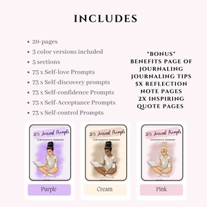 Puede incluir: Tres versiones de color diferentes de una portada de diario imprimible con una mujer sentada con un libro y una taza. Las portadas son moradas, crema y rosas. El texto en la portada dice "365 Journal Prompts for Positive Thinking".
