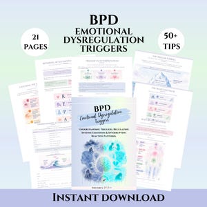 May include: A 21-page digital document titled BPD Emotional Dysregulation Triggers, featuring 50+ tips. The cover displays a brain illustration, human profiles, and watercolour accents. Interior pages include charts, diagrams, and text on emotional regulation.