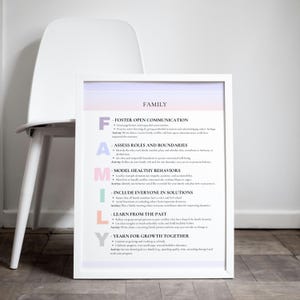 May include: A printable poster with a pink, purple, and blue gradient background. The poster features the word "FAMILY" in a white box at the top. Below the word "FAMILY" are the letters "F-A-M-I-L-Y" in different colors, each representing a different aspect of family life. The poster lists tips for fostering open communication, assessing roles and boundaries, modeling healthy behaviors, including everyone in solutions, learning from the past, and yearning for growth together.