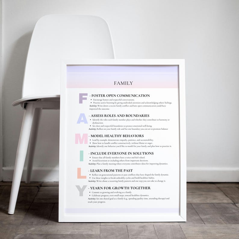 May include: A printable poster with a pink, purple, and blue gradient background. The poster features the word "FAMILY" in a white box at the top. Below the word "FAMILY" are the letters "F-A-M-I-L-Y" in different colors, each representing a different aspect of family life. The poster lists tips for fostering open communication, assessing roles and boundaries, modeling healthy behaviors, including everyone in solutions, learning from the past, and yearning for growth together.