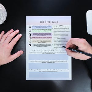 May include: A black and white worksheet titled "The Rebel Role" with questions about challenging authority figures and expressing independence. The worksheet includes a section for describing a time when you stood up against family or societal expectations.