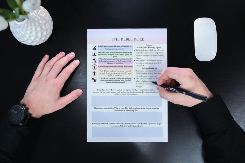 May include: A black and white worksheet titled "The Rebel Role" with questions about challenging authority figures and expressing independence. The worksheet includes a section for describing a time when you stood up against family or societal expectations.