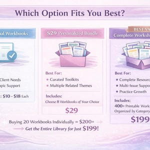 May include: An infographic titled "Which Option Fits You Best?" presents three options: Individual Workbooks, a $29 Personalized Bundle, and a Complete Worksheet Library. The image includes chess pieces and text describing each option's features.