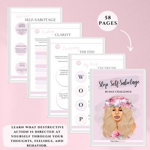 Pu&ograve; includere: Un quaderno rosa e bianco intitolato "Stop Self-Sabotage 10-Day Challenge" con un'illustrazione floreale. Il quaderno ha 58 pagine e include testo sull'autosabotaggio, la chiarezza e l'immaginazione della fine.