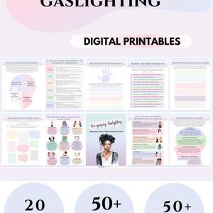 May include: A digital printable guide to recognising and addressing gaslighting. The guide includes 20 pages, 50+ strategies, and 50+ prompts. The cover features a woman with dark hair and a pink background.