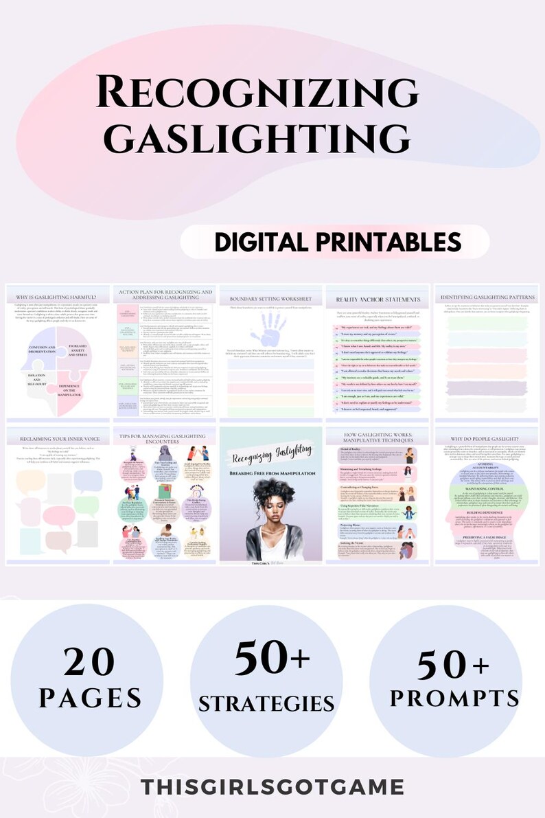 May include: A digital printable guide to recognising and addressing gaslighting. The guide includes 20 pages, 50+ strategies, and 50+ prompts. The cover features a woman with dark hair and a pink background.
