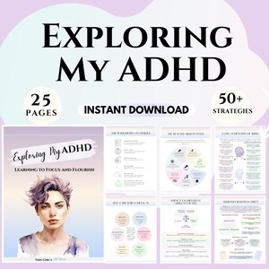 Puede incluir: Una guía digital descargable titulada "Explorar mi TDAH: Aprender a enfocarse y prosperar" con una ilustración de acuarela de una persona con cabello morado. La guía incluye 25 páginas y más de 50 estrategias para manejar el TDAH.