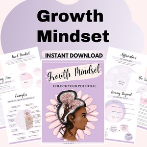 May include: A digital printable guide to help unlock your potential with a growth mindset. The guide features a pink and purple color scheme with a woman's face and a blooming tree inside her head. The guide includes worksheets on analyzing fear, fixed mindset habits, examples of fixed vs growth mindset, affirmation statements, and moving beyond your comfort zone.
