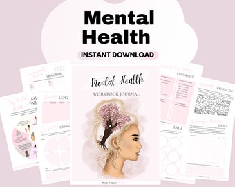 May include: A pink and white printable mental health workbook journal with a cover featuring a woman with a tree growing out of her head. The text "Mental Health Workbook Journal" is printed on the cover.