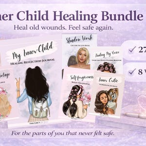 Pu&ograve; includere: Un'illustrazione di un "Inner Child Healing Bundle" con quaderni e diari. L'immagine include il testo "Inner Child Healing Bundle", "Heal old wounds. Feel safe again." e "For the parts of you that never felt safe."