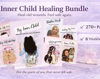 May include: An illustration of an "Inner Child Healing Bundle" with workbooks and journals. The image includes the text "Inner Child Healing Bundle", "Heal old wounds. Feel safe again.", and "For the parts of you that never felt safe."