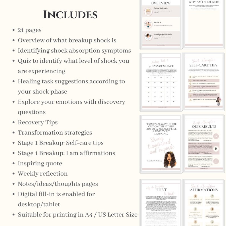 May include: A printable guide with a pink and white color scheme that includes 21 pages of breakup recovery tips. The guide includes a quiz to identify your level of shock, self-care tips, and affirmations. The text "INCLUDES" is at the top of the page.