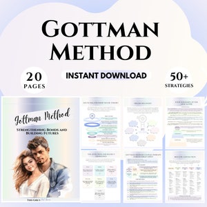 Op de afbeelding: Een digitale downloadgids met de titel "Gottman-methode" met een aquarel-illustratie van een stel. De gids bevat 20 pagina's en meer dan 50 strategieën om banden te versterken en een toekomst op te bouwen.