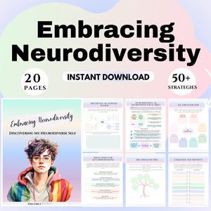 May include: A digital download titled "Embracing Neurodiversity" with 20 pages and over 50 strategies. The cover features a watercolour illustration of a person wearing glasses and a rainbow-striped jacket. The text "Discovering My Neurodiverse Self" is also visible.