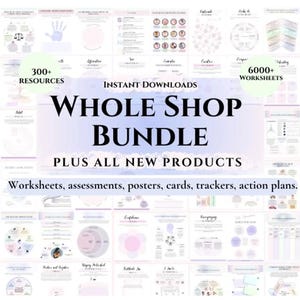 May include: A collection of digital resources, including worksheets, assessments, posters, cards, trackers, and action plans. The image features the text "WHOLE SHOP BUNDLE" with "300+ RESOURCES" and "6000+ WORKSHEETS" displayed. The background is a light purple and white gradient.
