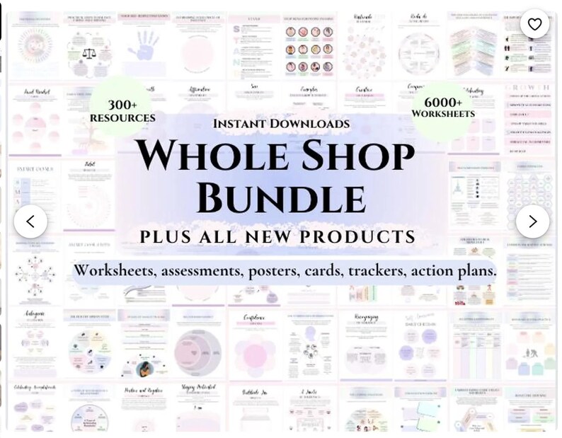 May include: A collection of digital resources, including worksheets, assessments, posters, cards, trackers, and action plans. The image features the text "WHOLE SHOP BUNDLE" with "300+ RESOURCES" and "6000+ WORKSHEETS" displayed. The background is a light purple and white gradient.