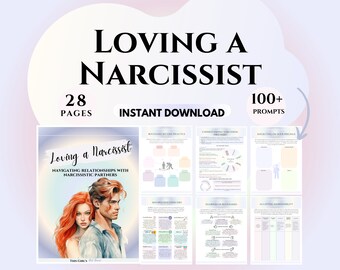 May include: A digital download guide titled "Loving a Narcissist" with 28 pages and 100+ prompts. The cover features a watercolour illustration of a couple, a woman with red hair and a man with brown hair.