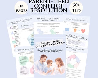 以下が含まれることがあります： 「Parent-Teen Conflict Resolution」というタイトルのデジタルダウンロード。16ページと50以上のヒントが含まれています。表紙には家族のイラストが描かれています。追加ページでは、紛争解決戦略について詳しく説明しています。