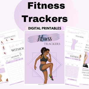 May include: A set of printable fitness trackers with a purple and white color scheme. The trackers include a daily stretching tracker, a workout session tracker, a measurement tracker, and a fitness goals tracker. The trackers feature illustrations of women exercising.