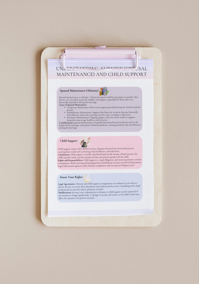 May include: A white clipboard with a pink clip, containing information about spousal maintenance and child support. The text includes headings for "Spousal Maintenance (Alimony)", "Child Support", and "Know Your Rights".