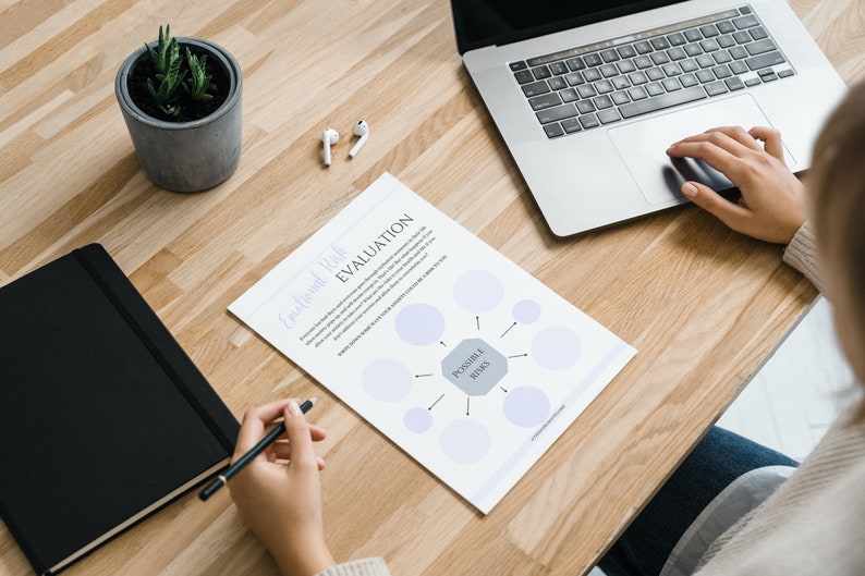 May include: A white sheet of paper with the title "Emotional Risk Evaluation" and a diagram with circles connected to a central hexagon labeled "Possible Risks". The paper is on a wooden table with a laptop, a potted plant, and a pair of wireless earbuds.