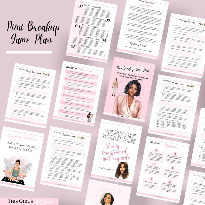May include: A pink and white printable guide with the title "Mini Breakup Game Plan" and illustrations of women. The guide includes strategies for self-care, affirmations, and letting go.