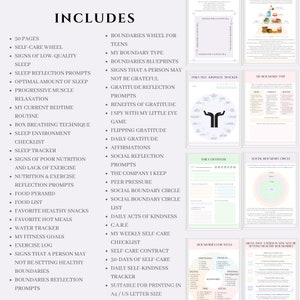 May include: A printable guide with tips and tools for setting healthy boundaries. The guide includes a wheel for teens, a boundary type chart, a gratitude reflection prompt, a daily gratitude tracker, a social boundary circle, and a self-care contract. The guide is suitable for printing in A4 or US letter size.