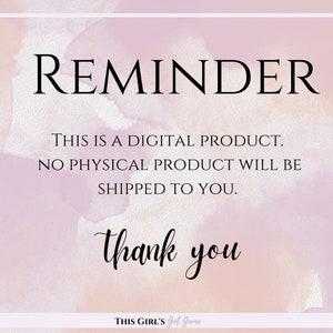 K&ouml;nnte beinhalten: Ein rosa- und pfirsichfarbener Aquarellhintergrund mit dem Text "REMINDER" in Schwarz. Der Text darunter lautet "THIS IS A DIGITAL PRODUCT. NO PHYSICAL PRODUCT WILL BE SHIPPED TO YOU. thank you THIS GIRL'S got game".