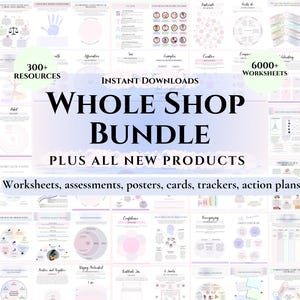 Puede incluir: Un conjunto digital de hojas de trabajo, evaluaciones, carteles, tarjetas, rastreadores y planes de acci&oacute;n. La imagen muestra el texto "Whole Shop Bundle" con m&aacute;s de 300 recursos y 6000+ hojas de trabajo. Los colores son suaves y pastel.