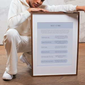 May include: A framed print with the title "Self-Care" and a list of different types of self-care, including physical, emotional, social, personal, intellectual, and nature-based.